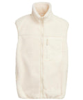 The Gilets & Body Warmers is a sleeveless off-white fleece gilet with a high collar, zip front, zipped chest pocket, and two side pockets. Its fabric offers a soft, textured look.