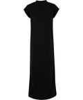 Dresses: A loose-fit, ankle-length black dress with short sleeves and a crew neck, shown against a white background.