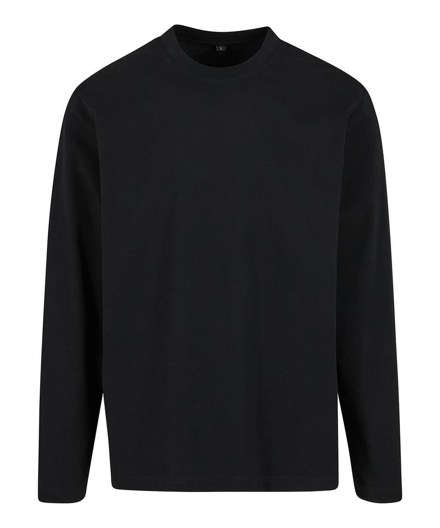 A plain black T-shirt long-sleeve crew neck is shown on a white background. It features no logos, patterns, or graphics and is made from cotton or similar fabric.