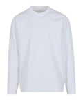 A plain white T-shirt with long sleeves and a crew neck, shown on a flat white background. It features no logos, patterns, or buttons.