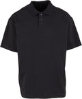 A black short-sleeve polo shirt with a collar and two buttons, shown against a white background.