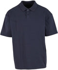 A dark navy blue short-sleeve polo from Polos, featuring a collar and two-button placket, shown against a white background.