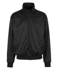 A black zip-up jackets item with a high collar, long sleeves, side pockets, and ribbed cuffs and hem, shown on a white background.