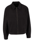 Jackets: A minimalist black zip-up jacket with collar, long sleeves, and side pockets, displayed on a white background.
