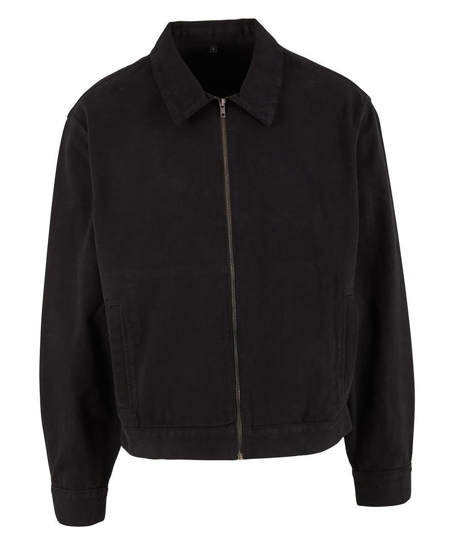 Jackets: A minimalist black zip-up jacket with collar, long sleeves, and side pockets, displayed on a white background.