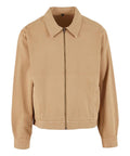 A tan jacket zip-up with long sleeves, collar, and two front pockets, shown against a white background.
