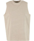 A beige sleeveless crew neck T-shirt is displayed against a white background. The fabric looks soft and slightly textured, with no visible patterns or logos.