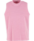 A sleeveless pink crew-neck T-shirt is shown against a white background. It features a simple design with no visible patterns, logos, or embellishments.