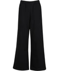 A pair of black wide-leg tracksuit bottoms with an elasticated waistband, shown against a white background.