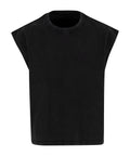 A plain black sleeveless T-shirt with a round neckline and straight hem is displayed flat against a white background.