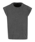 A dark grey T-shirt top with a plain, sleeveless design is shown on a white background. It features a round neckline, loose boxy fit, and straight hems.