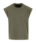 A sleeveless olive green T-shirt with a round neckline from T-shirts, shown against a white background.