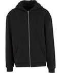 A plain black hoodie with a front zip, two pockets, long sleeves, and a hood is displayed against a white background.