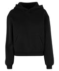 A plain black hoodie with long sleeves, a front kangaroo pocket, and ribbed cuffs and hem is displayed against a white background.
