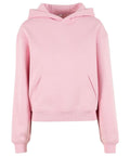 A light pink hoodie with a front kangaroo pocket and long sleeves is displayed on a white background.