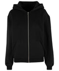 The Hoodies product is a plain black zip-up hoodie featuring a front zip, two pockets, ribbed cuffs and hem, and an attached hood. It is shown against a white background.