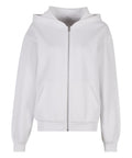 A white zip-up hoodie featuring a front zip, two side pockets, a hood, and ribbed cuffs and hem, photographed against a white background.