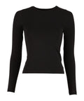 A fitted black long-sleeve crew-neck T-shirt is shown against a white background.