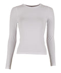 A plain white long-sleeve T-shirt with a crew neck, fitted design, and no visible patterns or logos, shown on a white background.