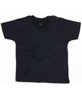 Babybugz BZ002 black short-sleeve toddler T-shirt featuring snap buttons on the shoulder, displayed flat on a white background.