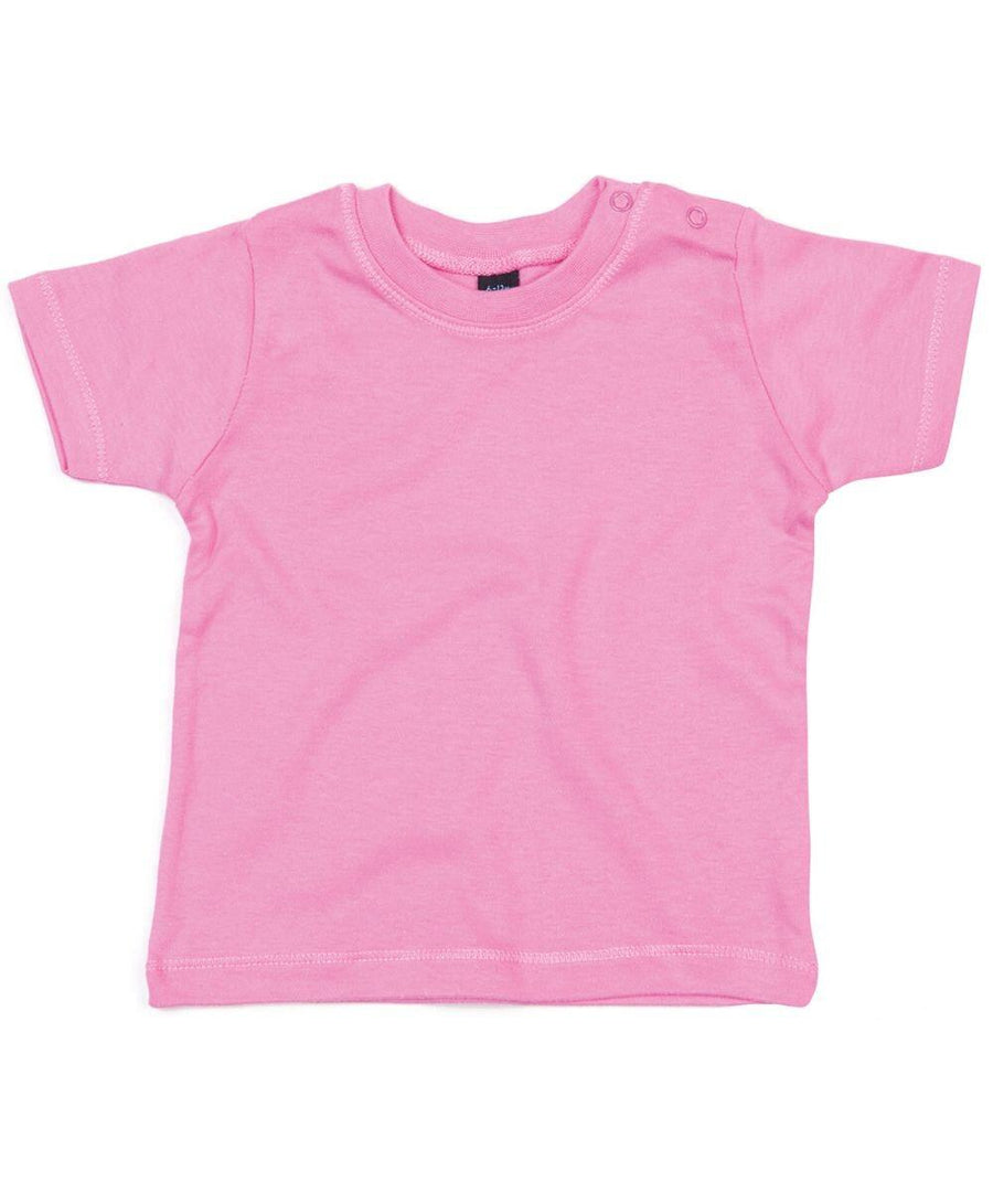 The Babybugz BZ002 is a pink short-sleeve toddler t-shirt featuring snap buttons on one shoulder, displayed flat against a plain background.