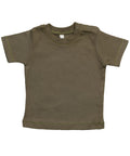 Babybugz's BZ002 is an olive green short-sleeved baby tee featuring shoulder button fastenings, displayed against a white background.