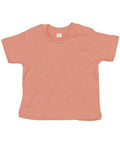 A plain, short-sleeve toddler t-shirt from Babybugz, in peach color with two buttons on the left shoulder (Product Name: BZ002), is laid flat on a white background.