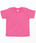 The Babybugz BZ002 is a bright pink baby t-shirt with short sleeves, displayed against a plain white background. It features two small buttons on the neckline for easy fastening.