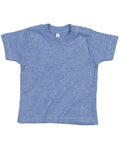 A toddler T-shirt from Babybugz's BZ002 line is laid flat. It is a light blue, short-sleeve shirt with a soft, slightly heathered fabric. The design includes two small buttons on the shoulder for easy dressing, a round collar, and a simple, casual overall look.