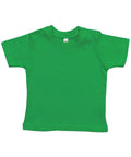 A toddler-sized T-shirt in plain bright green, featuring short sleeves and two buttons on the left shoulder for easy dressing, is laid flat on a white background. The shirt is from the Babybugz brand and has the product name BZ002.
