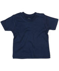 A plain navy blue toddler T-shirt from Babybugz, featuring short sleeves and two buttons on the left shoulder, product code BZ002.