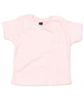 The Babybugz BZ002 is a plain light pink baby t-shirt featuring short sleeves, a round neckline, and a snap-button closure on the left shoulder. It is laid flat against a white background.
