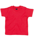 The Babybugz BZ002 is a red toddler-sized T-shirt featuring short sleeves and two snap buttons on the left shoulder, shown laid flat.