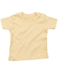A plain light yellow baby t-shirt, the Babybugz BZ002, is shown lying flat. This shirt features short sleeves and two buttons on one shoulder for easy fitting.