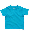 A bright blue Babybugz BZ002 toddler T-shirt lays flat, featuring short sleeves and a round neckline with two snap buttons on the shoulder for easy wearing.