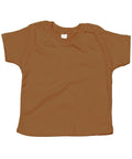 A toddler T-shirt by Babybugz, product code BZ002, is orange with short sleeves, features a round neckline and a button closure on one shoulder, and is pictured against a white background.