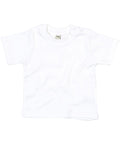 The Babybugz BZ002 is a plain white short-sleeved baby t-shirt, designed with a round neck and equipped with two buttons on the shoulder for easy fastening. It is displayed flat against a white background.