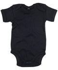 A Babybugz BZ010 baby onesie in plain black, featuring short sleeves and three snap buttons at the bottom.