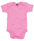 The Babybugz BZ010 is a pink onesie featuring short sleeves and a convenient snap closure at the bottom.