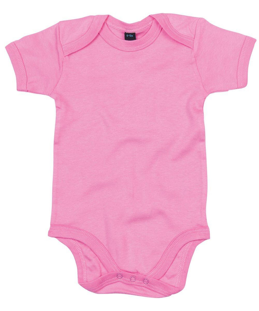 The Babybugz BZ010 is a pink onesie featuring short sleeves and a convenient snap closure at the bottom.