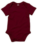 The Babybugz BZ010 is a plain maroon baby onesie featuring short sleeves and snap closures at the bottom.