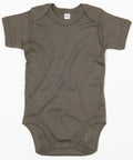 The Babybugz BZ010 is a simple olive green baby onesie featuring short sleeves and snap buttons at the bottom, displayed on a white background.