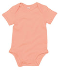 Babybugz's BZ010 onesie, featuring a peach color, short sleeves, and snap closures at the bottom, is displayed on a white background.