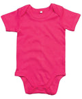 The Babybugz BZ010, a bright pink baby onesie featuring short sleeves and an envelope neckline, is displayed flat against a white background.