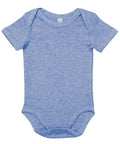 A Babybugz BZ010 baby onesie in light blue, featuring short sleeves and bottom snap closures, is displayed on a white background. The fabric looks soft and comfortable, making it ideal for infants.