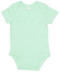 The Babybugz BZ010 is a light green baby onesie with short sleeves, designed with a simple round neckline and convenient snap closures at the bottom for easy dressing. It is displayed flat against a white background.