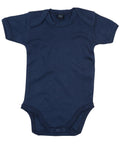 Babybugz offers the BZ010, a navy blue onesie for babies featuring short sleeves and snap closures at the bottom.