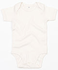 The Babybugz BZ010 is a plain white baby onesie featuring short sleeves and a round neckline, laid flat on a white background. It includes small snap closures at the bottom for easy fastening.