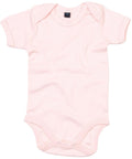 The Babybugz BZ010 is a light pink baby onesie featuring short sleeves, a round neckline, and convenient snap closures at the crotch for easy diaper changes.