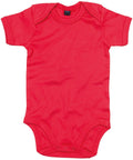 The Babybugz BZ010 is a vibrant red baby onesie featuring short sleeves and a round neckline, designed with snaps at the bottom for convenient diaper changes.